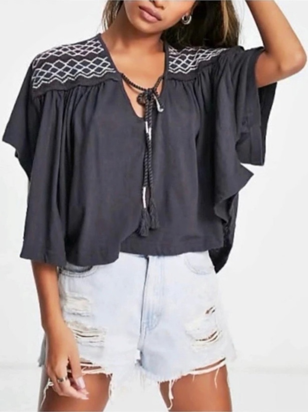 EUC $129 Free People Market Embroidered V-Neck Top in Bright Black Size Large